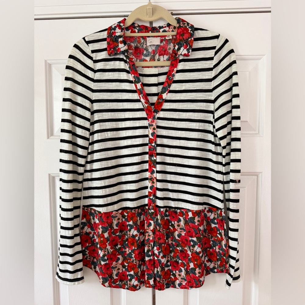 Anthropologie Black and White Striped Blouse with Red Floral Accents